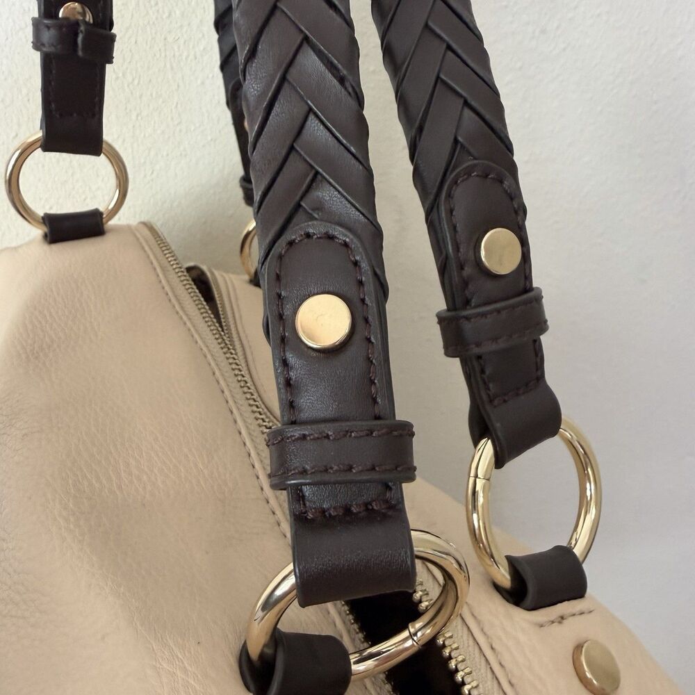 B. Makowsky Cream Beige Leather Shoulder Bag Satchel Braided Handles Boho Purse - Picture 4 of 16